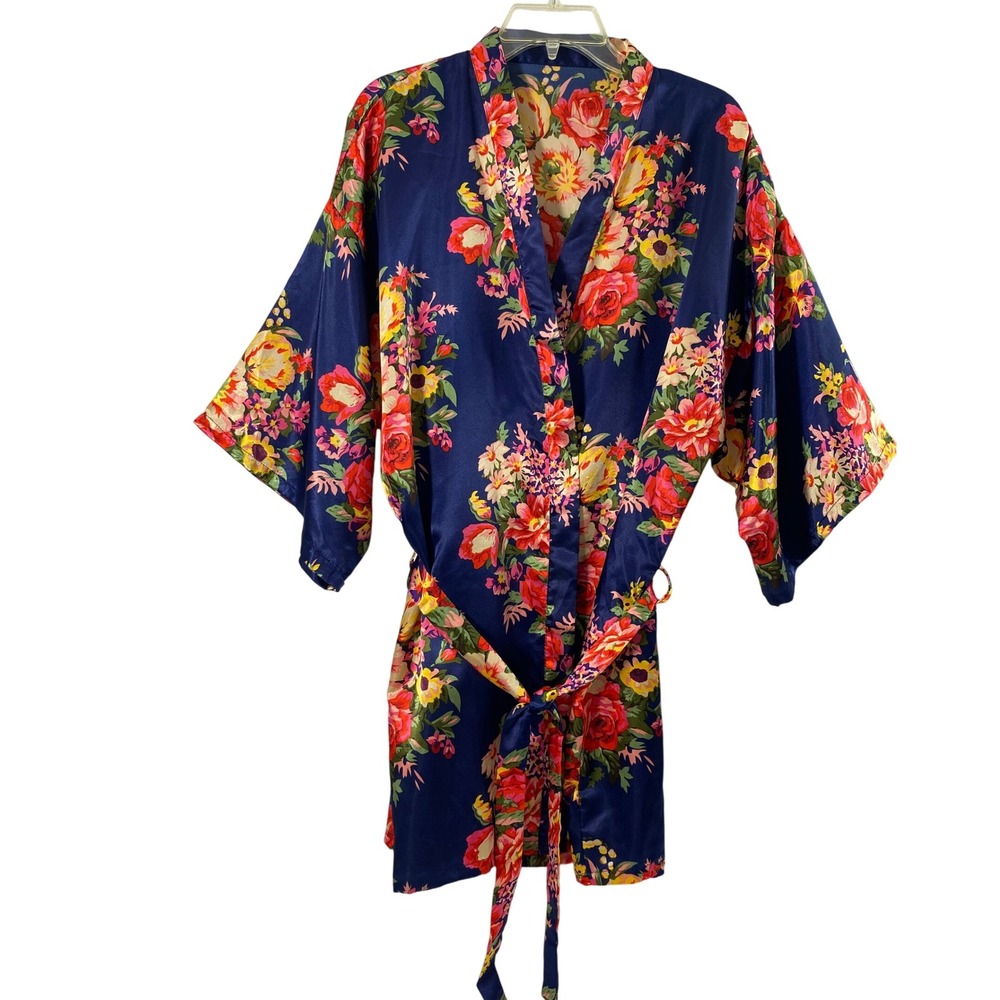 Womens Kimono Size M Navy Blue Floral Print Robe Satin Wrap Tie Waist Loungewear